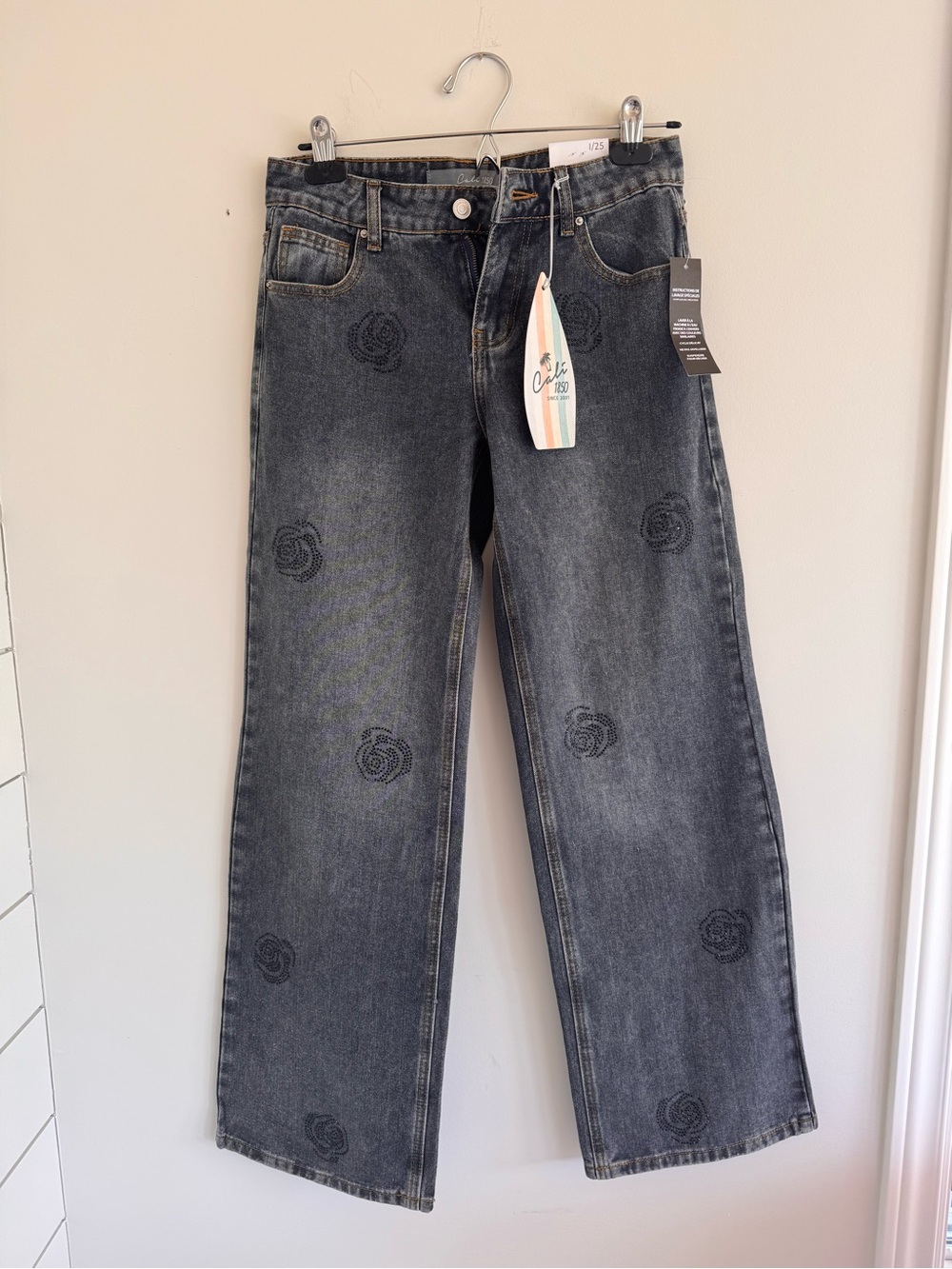Rose Rhinestone Low Rise Slouchy Jean - Picture 5 of 13